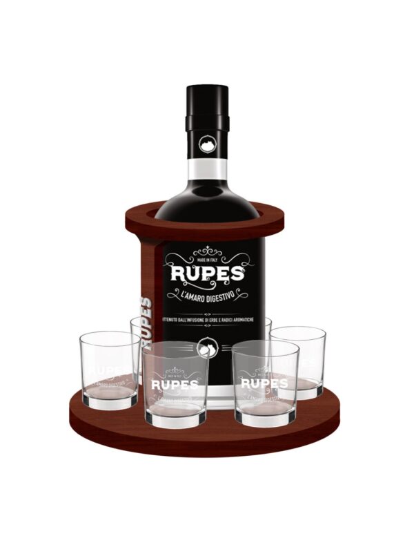 Amaro Rupes con 6 Bicchieri con vassoio in legno Amaro Rupes con 6 Bicchieri con vassoio in legno