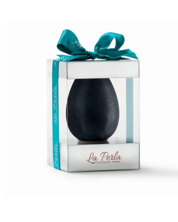 La Perla Nera. Uovo di cioccolato fondente con Nocciola Piemonte e granella di torrone. 200