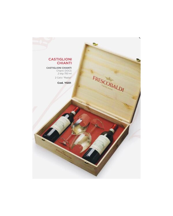 Cassetta Legno Castiglioni Chianti 2022 Frescobaldi con due Calici