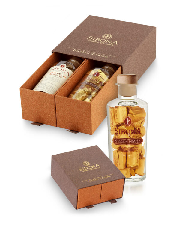 Confezione Grappa Sibona doppio cassetto con cioccolatini gocce di grappa e grappa moscato - immagine 1
