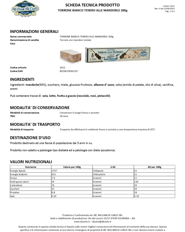 Torrone Bianco Tenero alle Mandorle William Di Carlo 200g - immagine 3