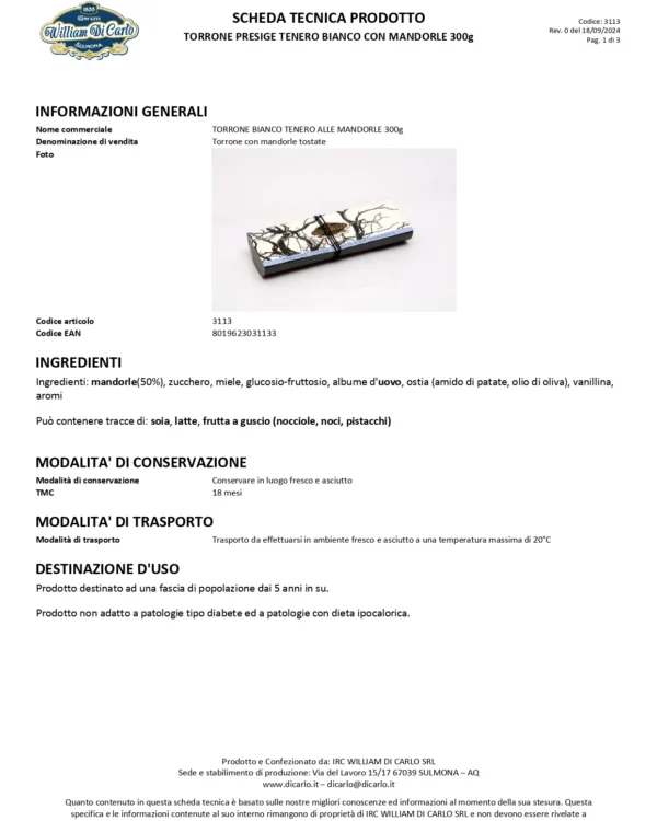 Torrone Tenero Bianco con Mandorle William Di Carlo Linea Prestige 300g - immagine 2