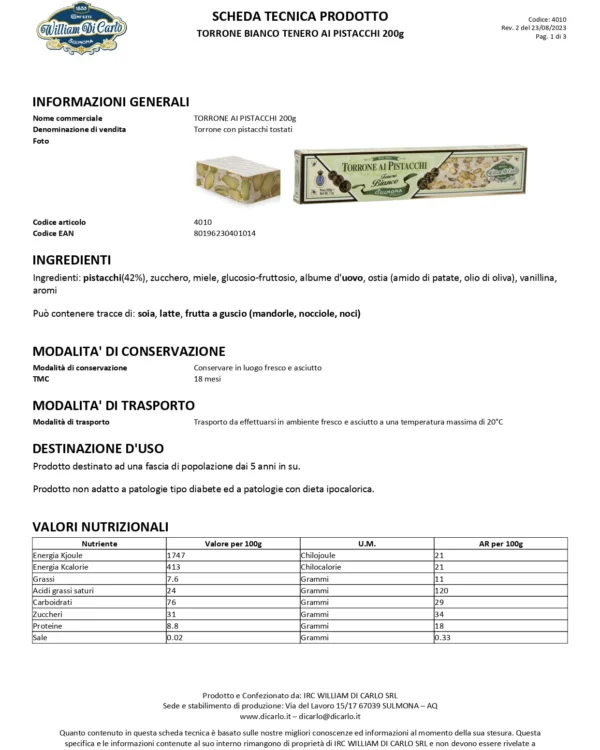 Torrone Tenero Bianco ai Pistacchi William Di Carlo 200g - immagine 3