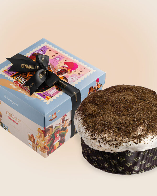 Panettone Etna Dolce Vulcano Modicano al “Cioccolato di Modica I.G.P” da 1 Kg Scatola Illustrazione “Ferrau” - immagine 1