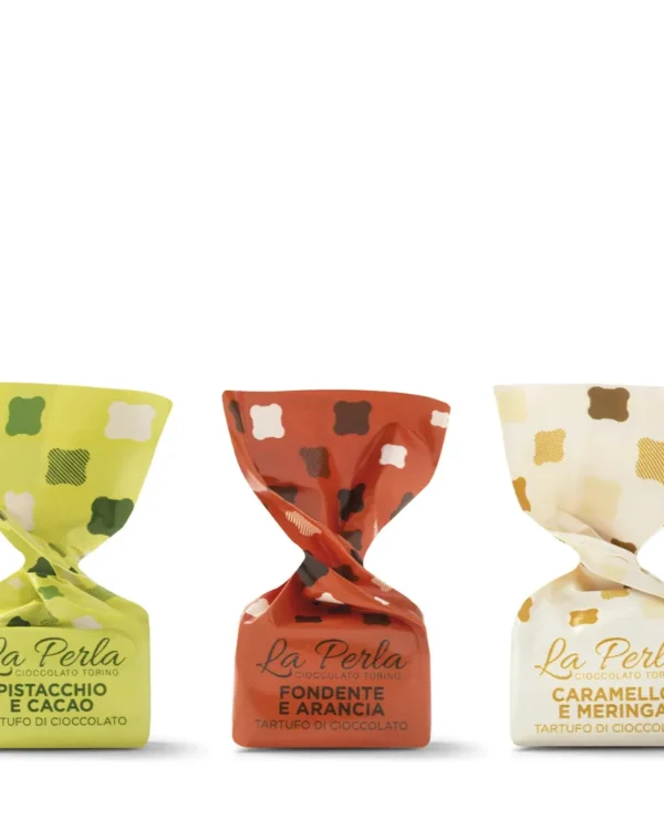 Mini Tartufi Caramello salato e meringa, Pistacchio e Cacao, Fondente e Arancia Sacchetto 180g - immagine 1